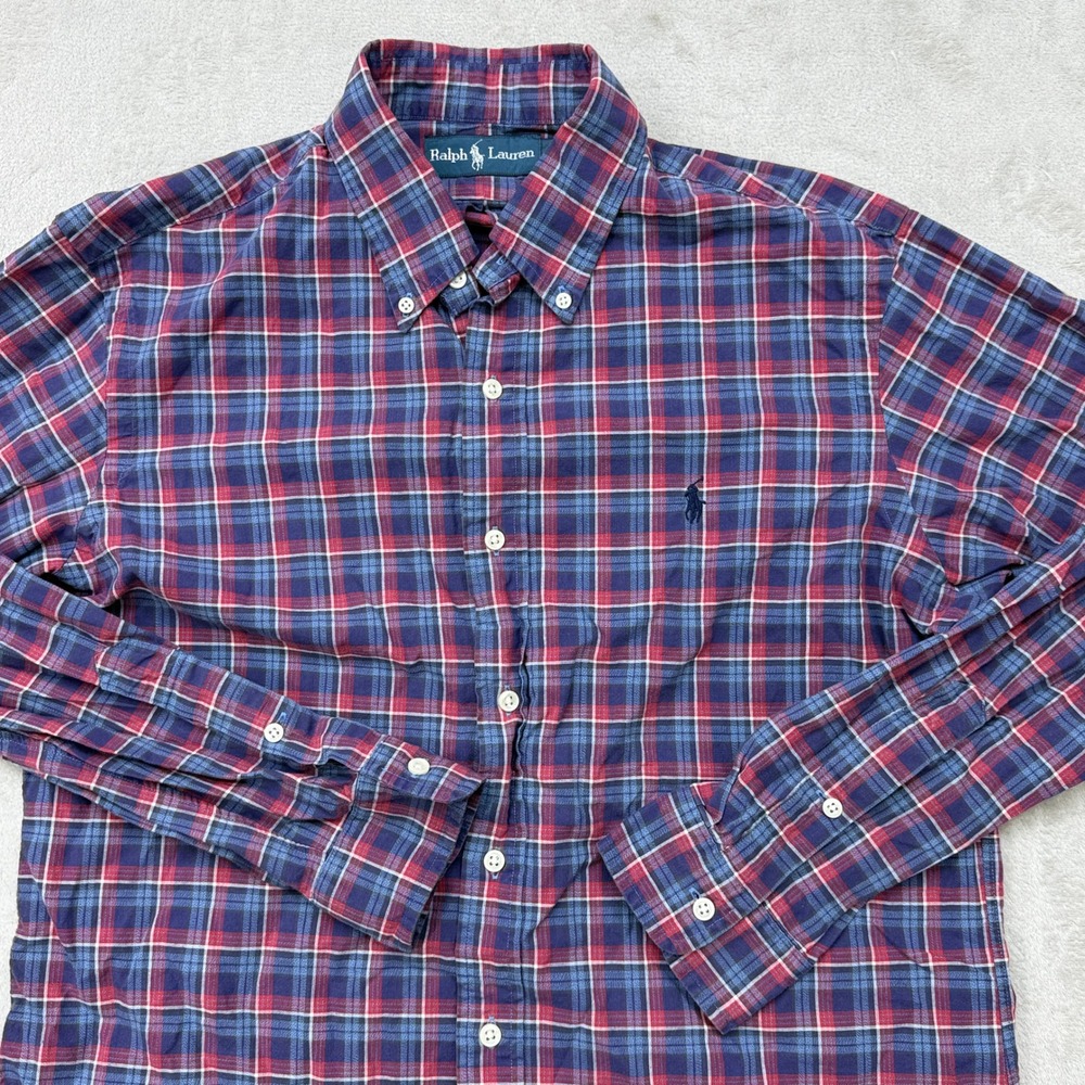 VTG Ralph Lauren Button Down Shirt Mens Medium Red Blue Plaid Long Sleeve Pony - Picture 2 of 8
